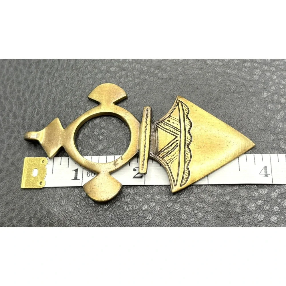 Tribal Mali Touareg Amulet Cross Pendant Long Brass Tone Geometric Signed VM